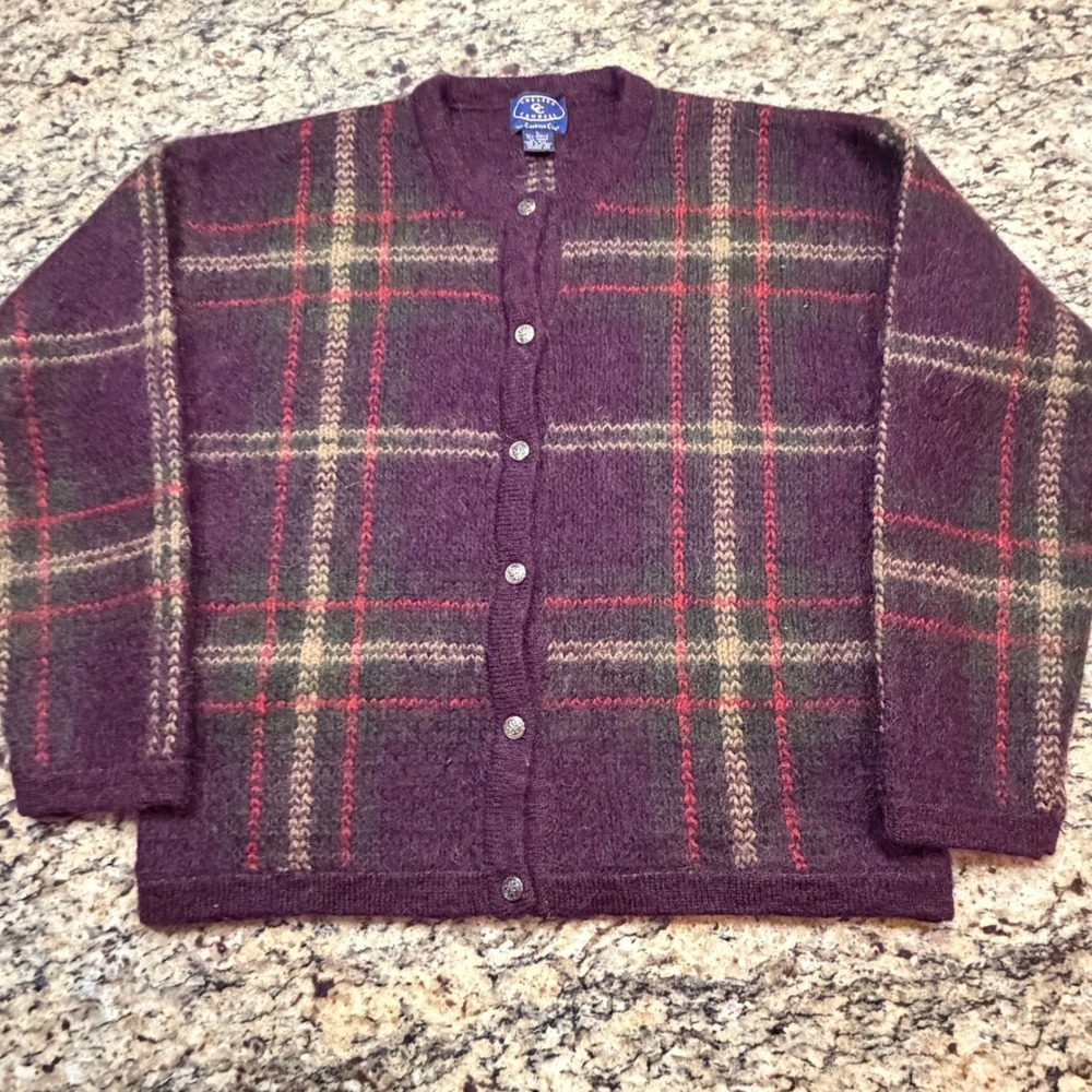 Chelsea Campbell Charter Club Purple Plaid Mohair Blend Cardigan Sweater L ws